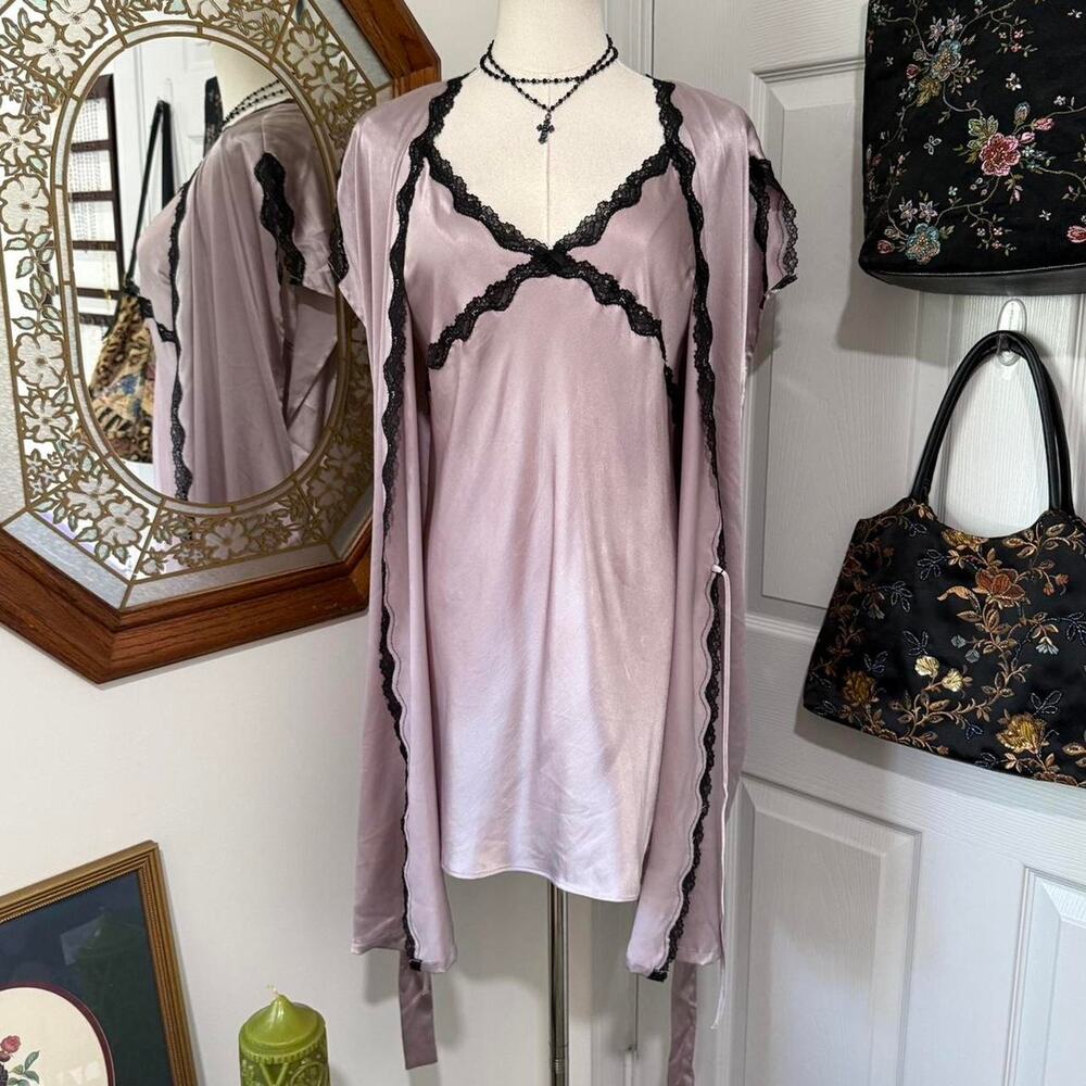 2010s Victoria's Secret Icy Lilac Purple Satin & Black Lace Trim Slip & Robe Set